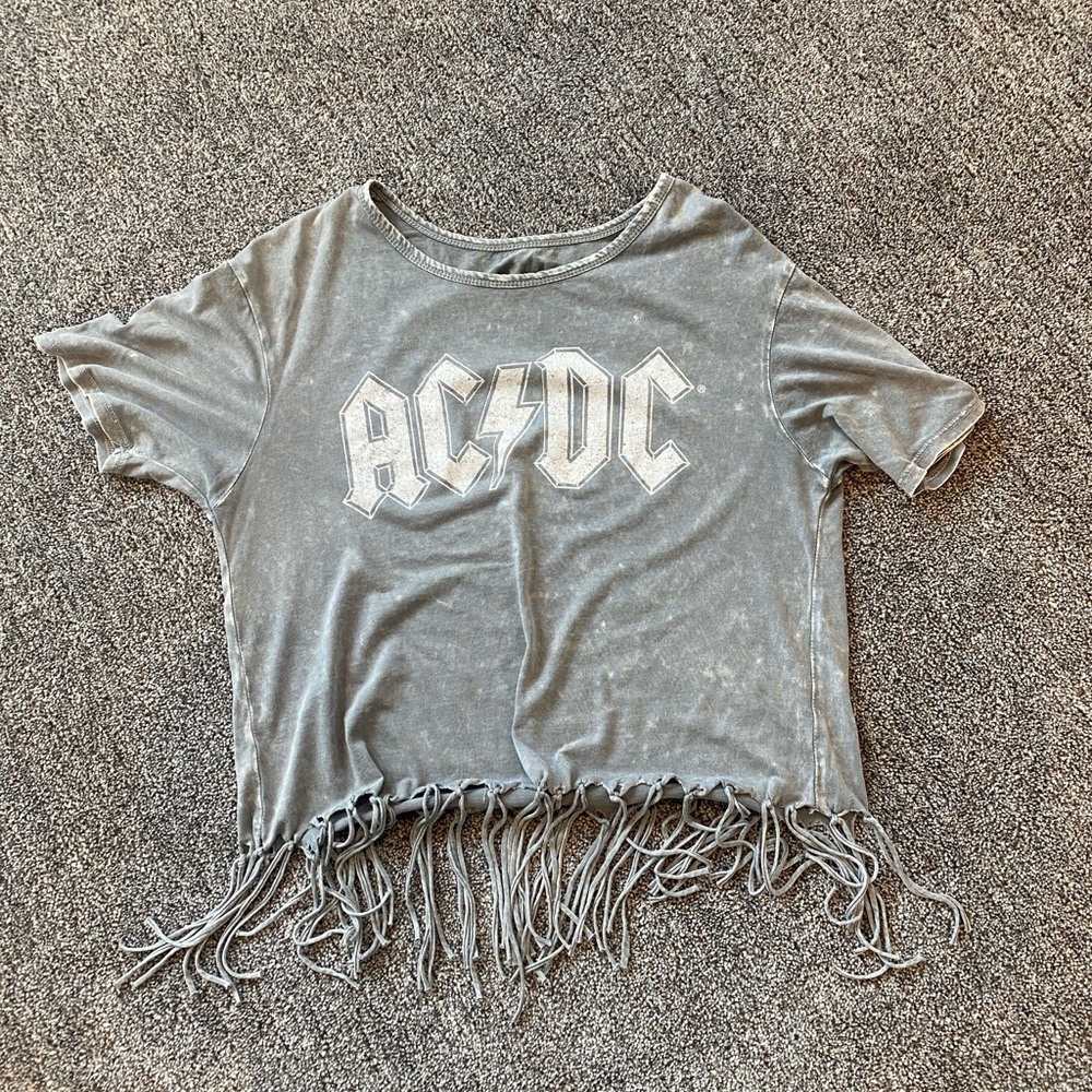 AC/DC distressed graphic tee with fringe